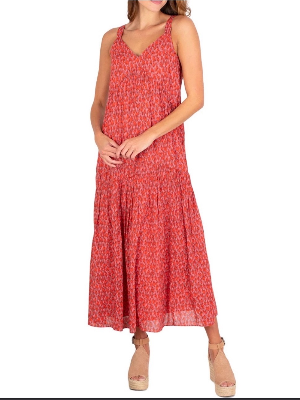 Joie Women's Small Red Coral Ikat Print Tiered Maxi Dress V-Neck Bohemian Cotton